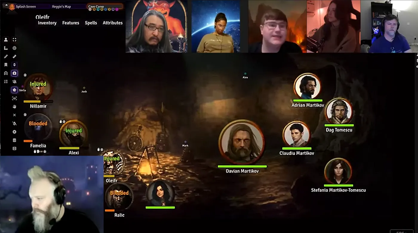 The party camped around a fire in a cave, seen on the game master screen