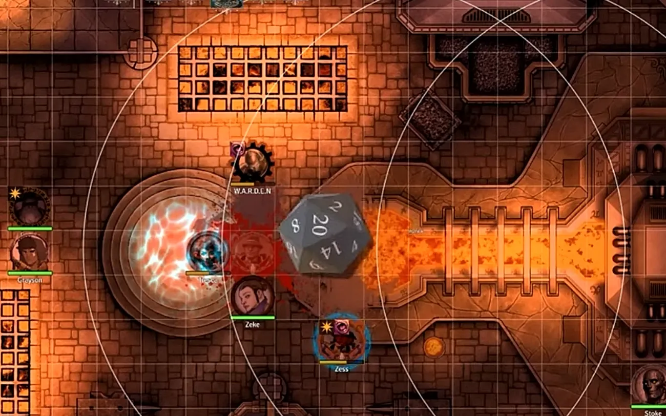 A twenty-sided die mid-roll over a lit forge map during a live session
