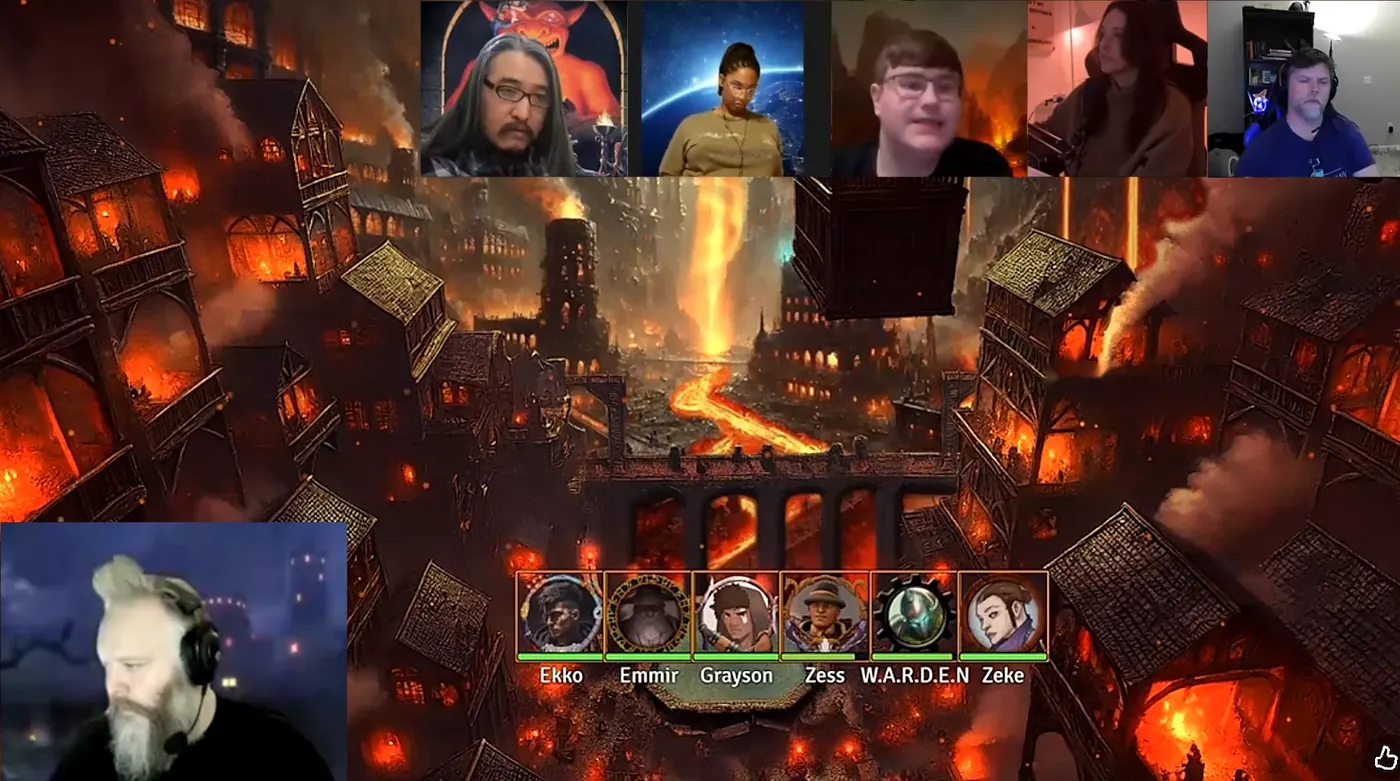A live session in Foundry VTT: a burning city scene with the party bar below and six players on camera